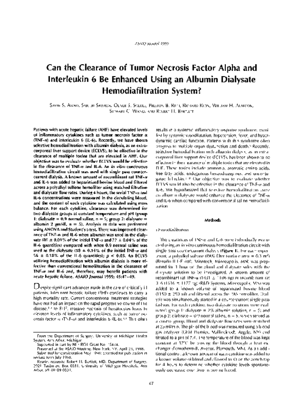 (PDF) Can the Clearance of Tumor Necrosis Factor Alpha and Interleukin ...