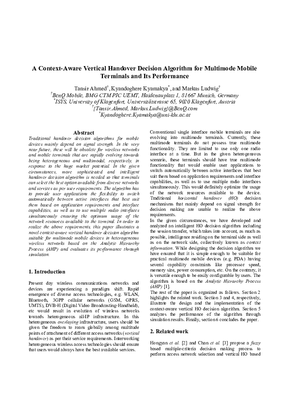 (PDF) A Context-Aware Vertical Handover Decision Algorithm for ...