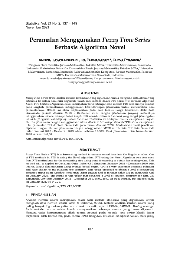 (PDF) Peramalan Menggunakan Fuzzy Time Series Berbasis Algoritma Novel