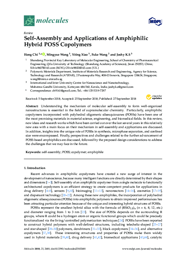 (PDF) Self-Assembly and Applications of Amphiphilic Hybrid POSS Copolymers