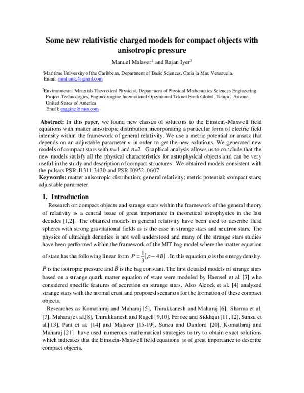 (PDF) Some new relativistic charged models for compact objects with ...