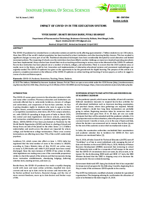 (PDF) Impact of COVID-19 in the Education Systems