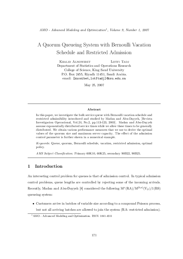 (PDF) A Quorum Queueing System with Bernoulli Vacation Schedule and ...
