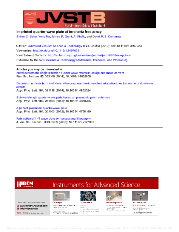 (PDF) Imprinted quarter wave plate at terahertz frequency
