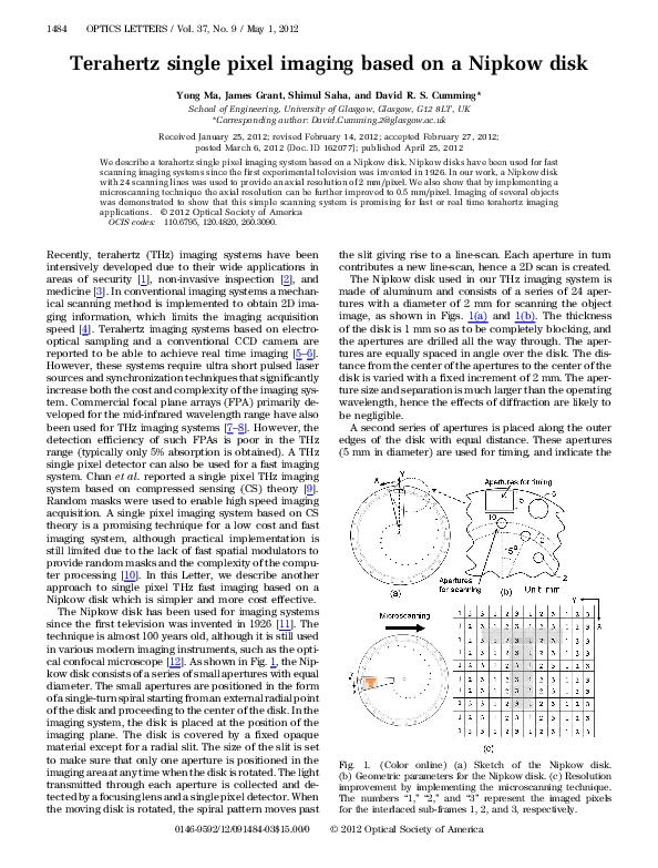 (PDF) Terahertz single pixel imaging based on a Nipkow disk