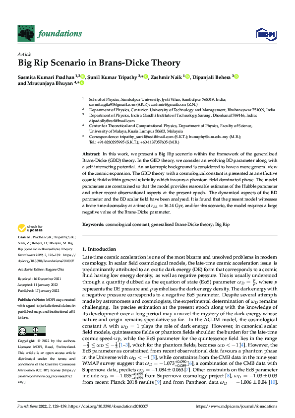 (PDF) Big Rip Scenario in Brans-Dicke Theory