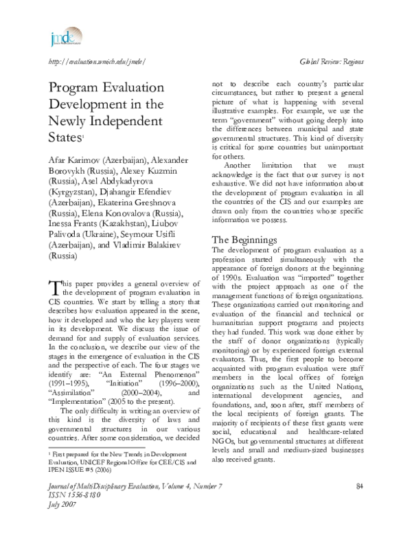 (PDF) Program Evaluation Development in the Newly Independent States