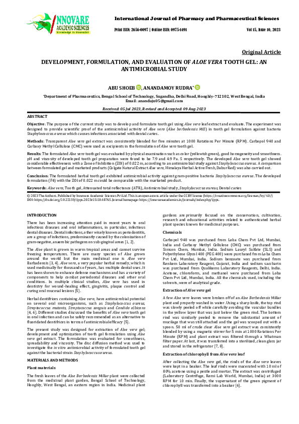 (PDF) DEVELOPMENT, FORMULATION, AND EVALUATION OF ALOE VERA TOOTH GEL ...