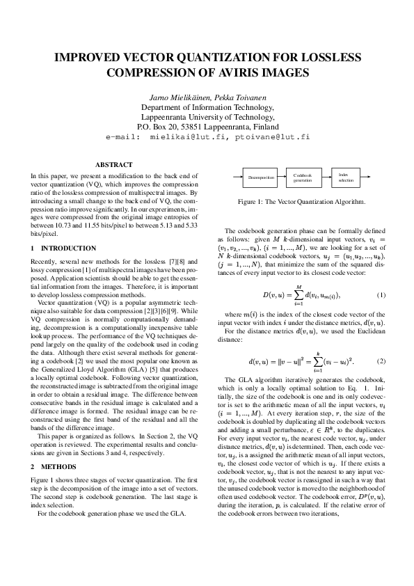 (PDF) Improved vector quantization for lossless compression of AVIRIS ...
