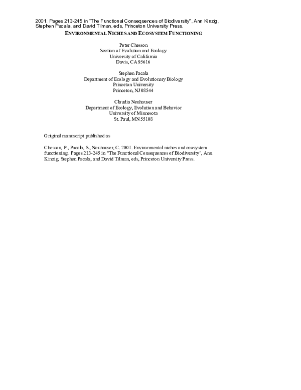 (PDF) Environmental niches and ecosystem functioning