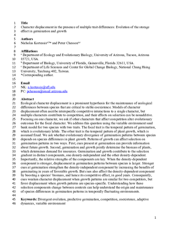 (PDF) Character displacement in the presence of multiple trait ...