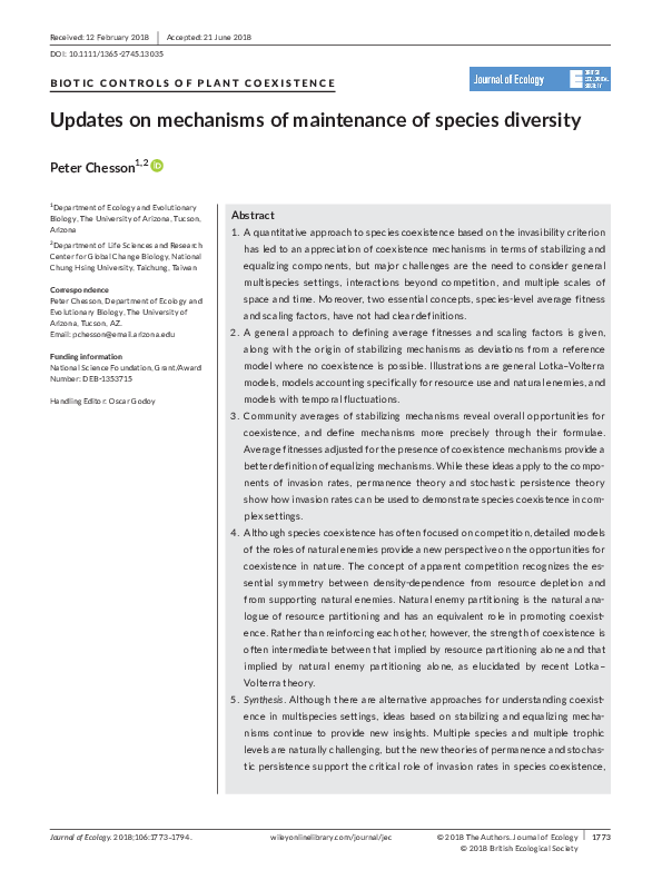 (PDF) Updates on mechanisms of maintenance of species diversity
