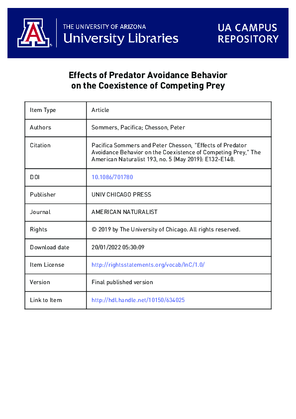 (PDF) Effects of Predator Avoidance Behavior on the Coexistence of ...