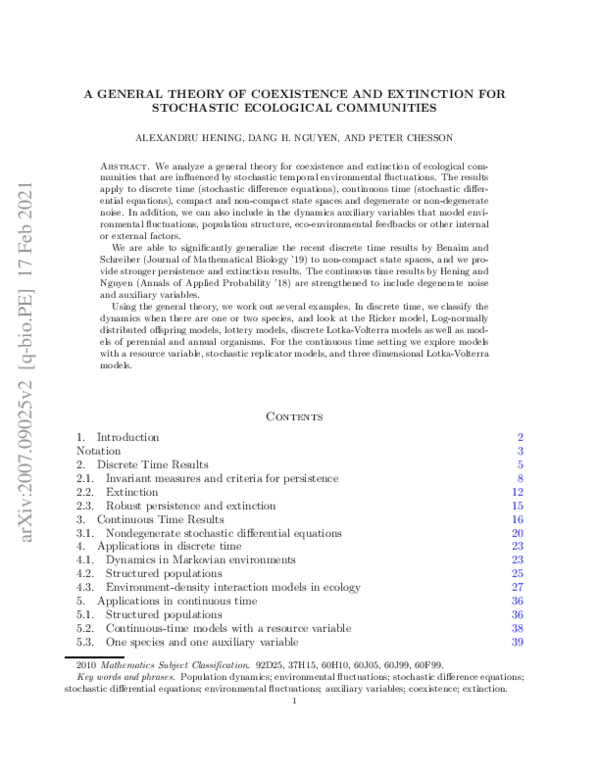 (PDF) A general theory of coexistence and extinction for stochastic ...