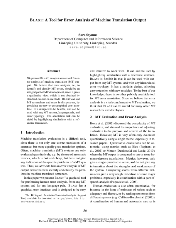 (PDF) Blast: A tool for error analysis of machine translation output