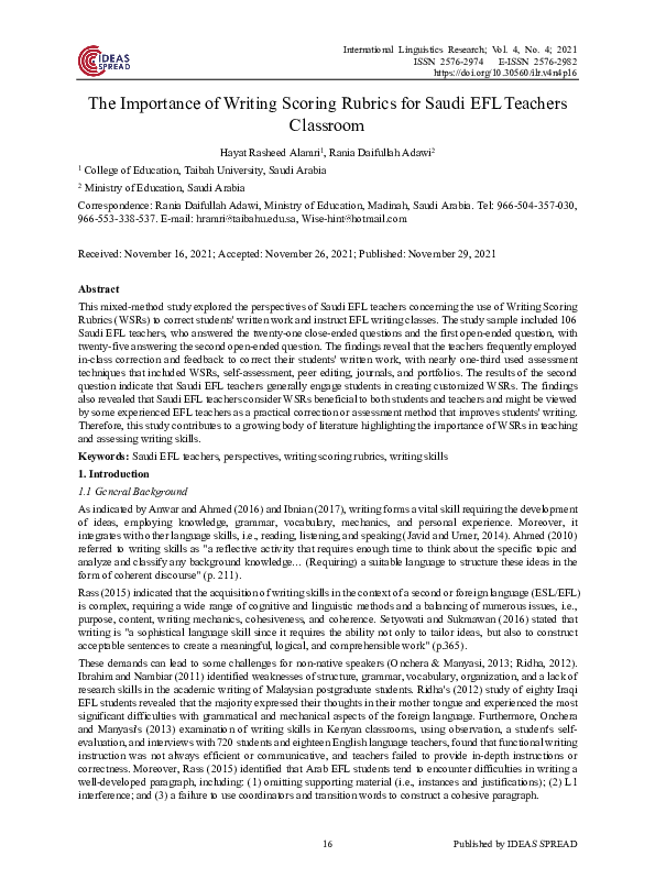 (PDF) The Importance of Writing Scoring Rubrics for Saudi EFL Teachers