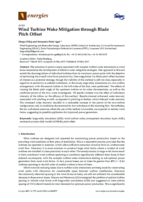 (PDF) Wind Turbine Wake Mitigation through Blade Pitch Offset