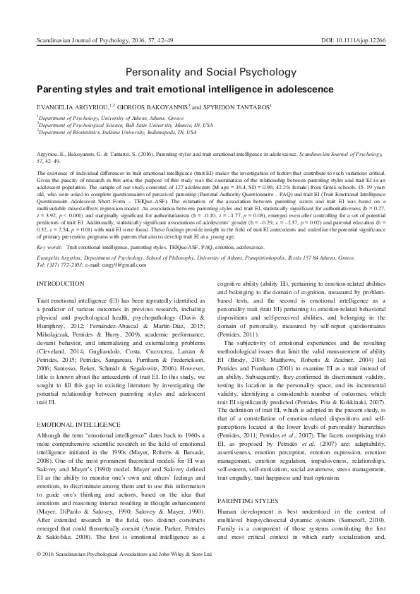 (PDF) Parenting styles and trait emotional intelligence in adolescence