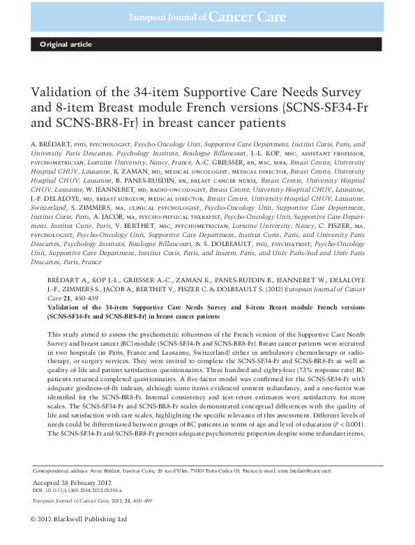 (PDF) Validation of the 34-item Supportive Care Needs Survey and 8-item ...