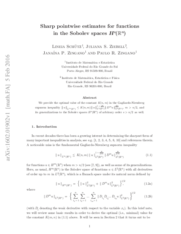(PDF) Sharp pointwise estimates for functions in the Sobolev spaces Hs(Rn)