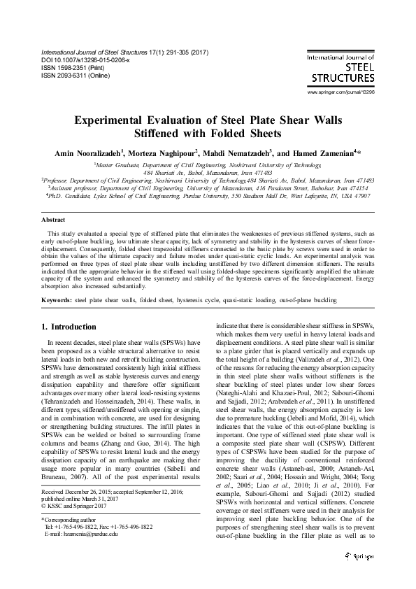 (PDF) Experimental evaluation of steel plate shear walls stiffened with ...