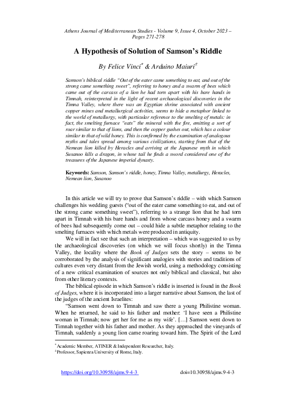 (PDF) A Hypothesis of Solution of Samson's Riddle