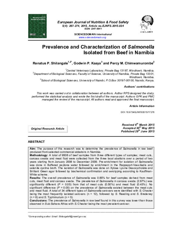 (PDF) Prevalence and Characterization of Salmonella Isolated from Beef ...