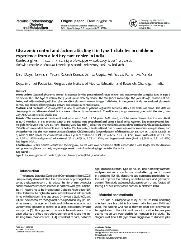 (PDF) Glycaemic control and factors affecting it in type 1 diabetes in ...
