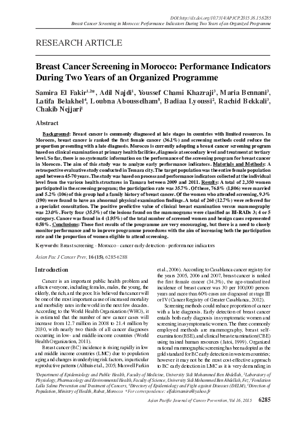 (PDF) Breast Cancer Screening in Morocco: Performance Indicators During ...