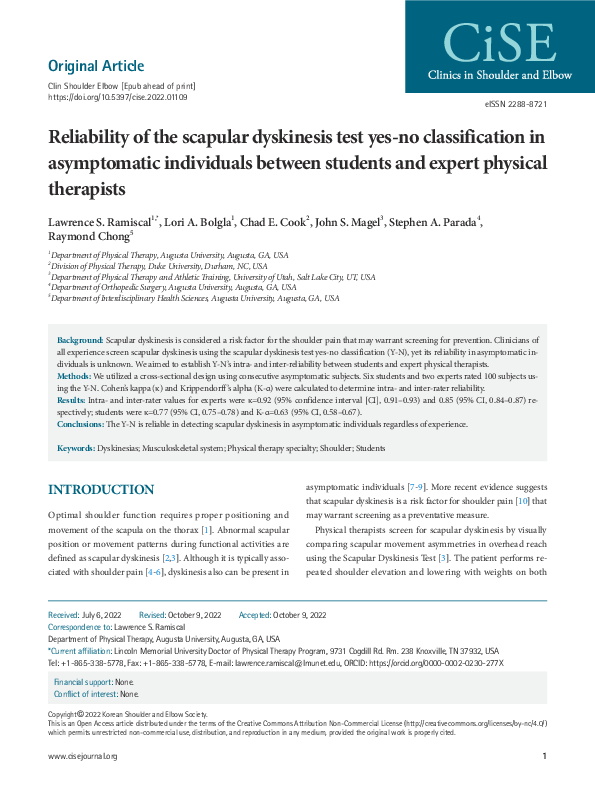 (PDF) Reliability of the scapular dyskinesis test yes-no classification ...