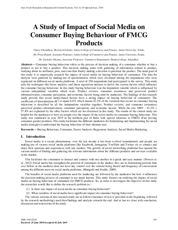 (PDF) A Study of Impact of Social Media on Consumer Buying Behaviour of ...