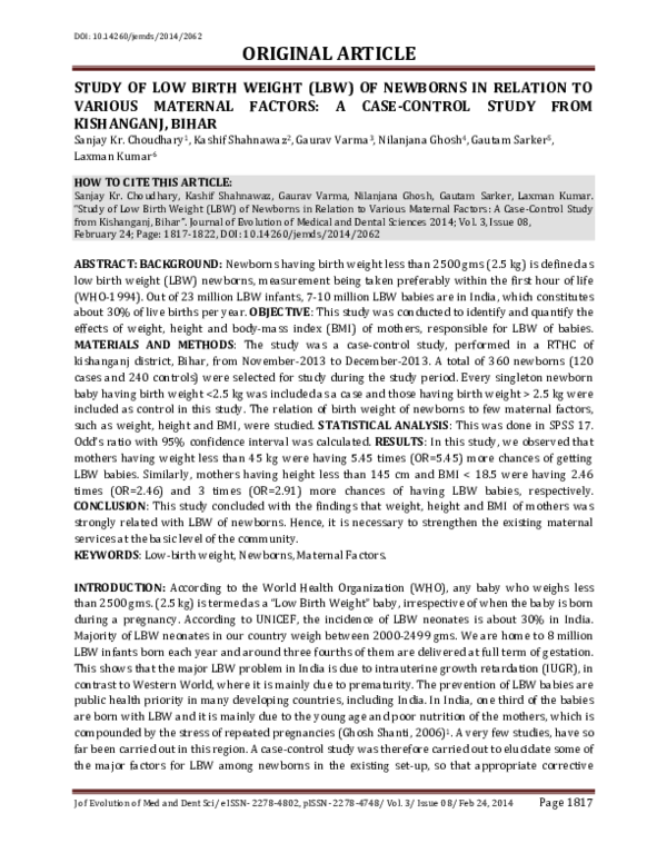 (PDF) Study of Low Birth Weight (LBW) of Newborns in Relation to ...