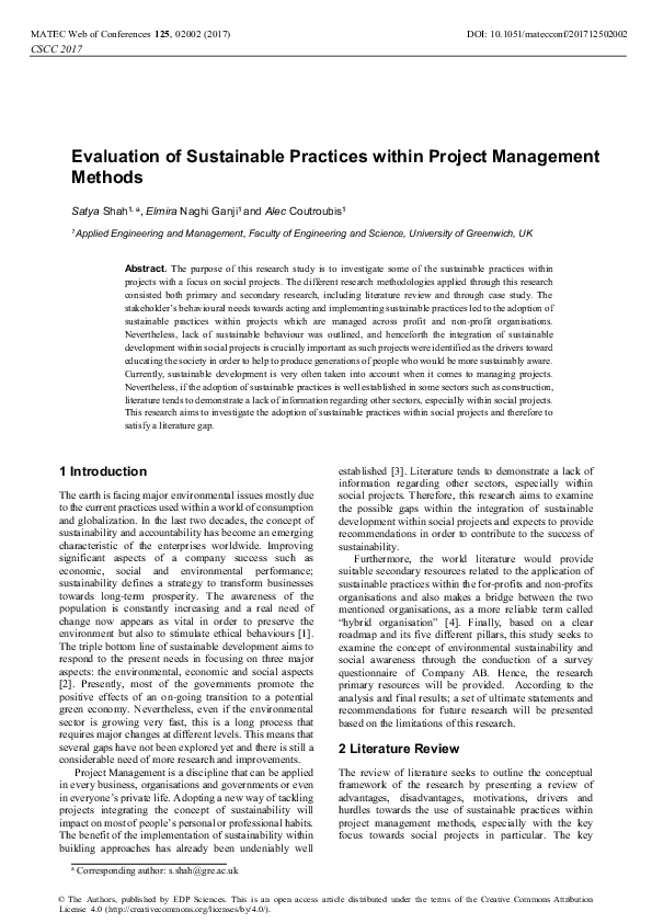 (PDF) Evaluation of Sustainable Practices within Project Management Methods