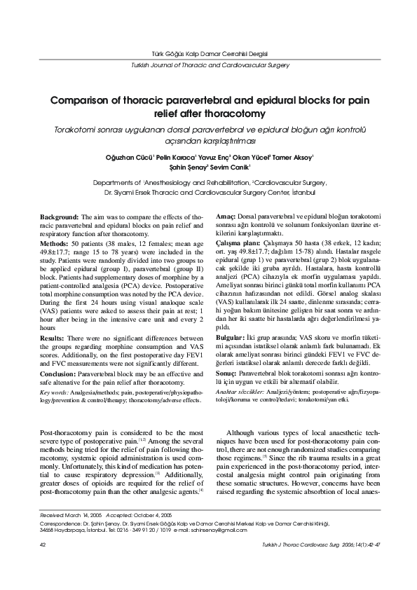 (PDF) Comparison of thoracic paravertebral and epidural blocks for pain ...