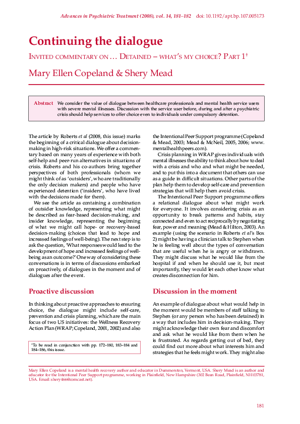 (PDF) Continuing the dialogue