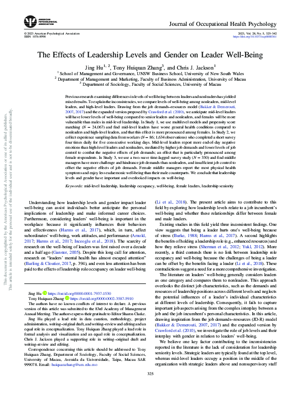 (PDF) The Effects of Leadership Levels and Gender on Leader Well-Being