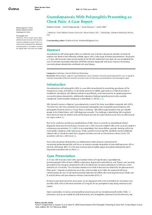 (PDF) Granulomatosis With Polyangiitis Presenting as Chest Pain: A Case ...