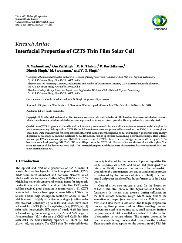 (PDF) Interfacial Properties of CZTS Thin Film Solar Cell