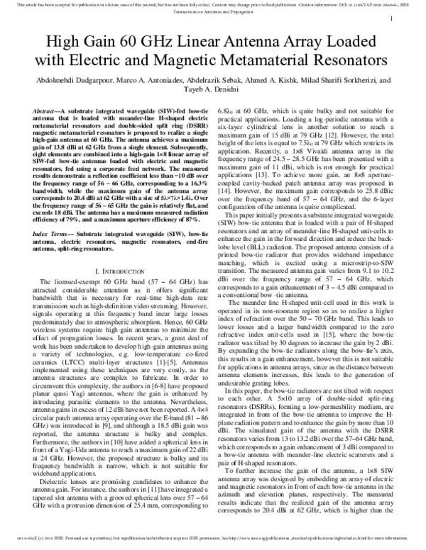 (PDF) High-Gain 60 GHz Linear Antenna Array Loaded With Electric and ...