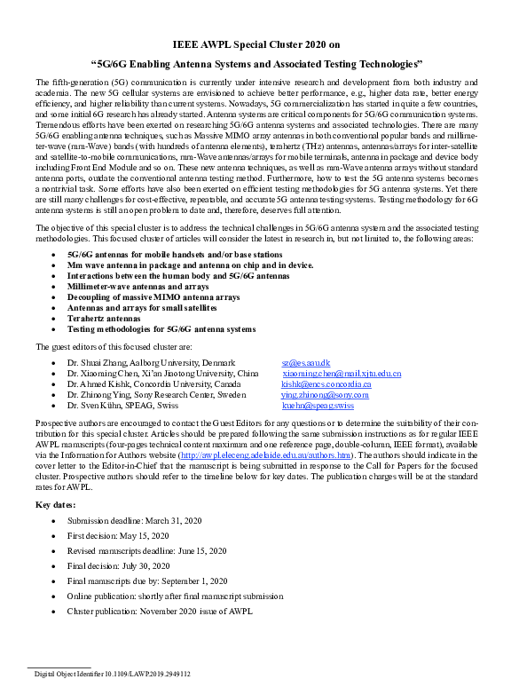 (PDF) IEEE AWPL Special Cluster 2020 on “5G/6G Enabling Antenna Systems ...
