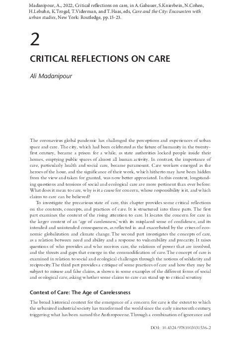 (PDF) Critical reflections on care