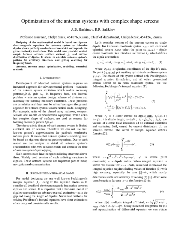 (PDF) Optimization of the antenna systems with complex shape screens