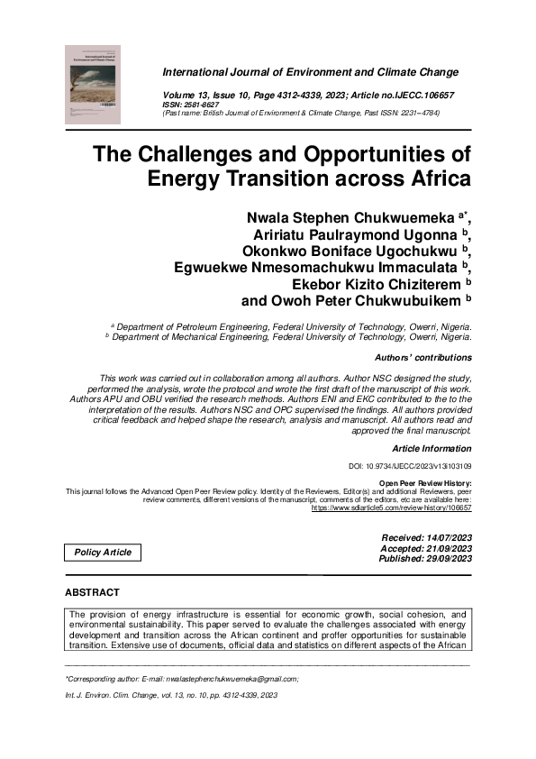 (PDF) The Challenges and Opportunities of Energy Transition across Africa