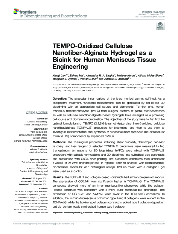(PDF) TEMPO-Oxidized Cellulose Nanofiber-Alginate Hydrogel as a Bioink ...