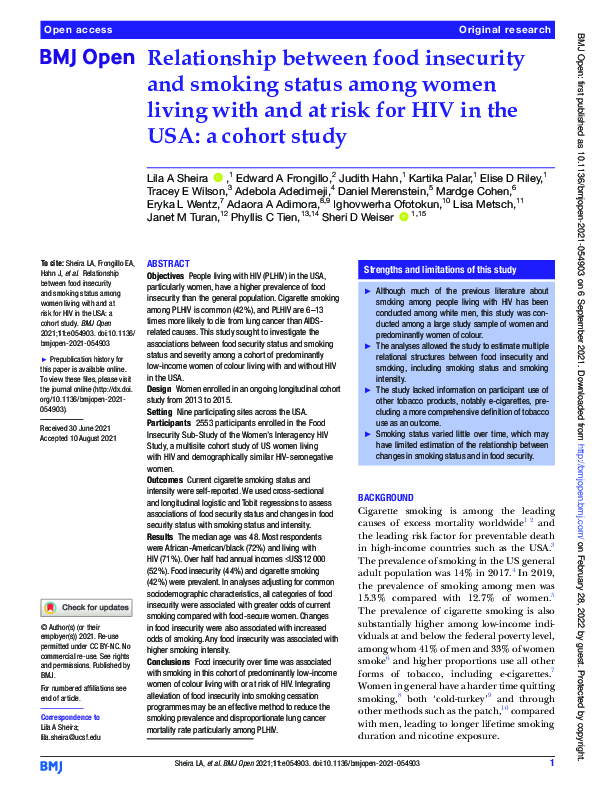 (PDF) Relationship between food insecurity and smoking status among ...