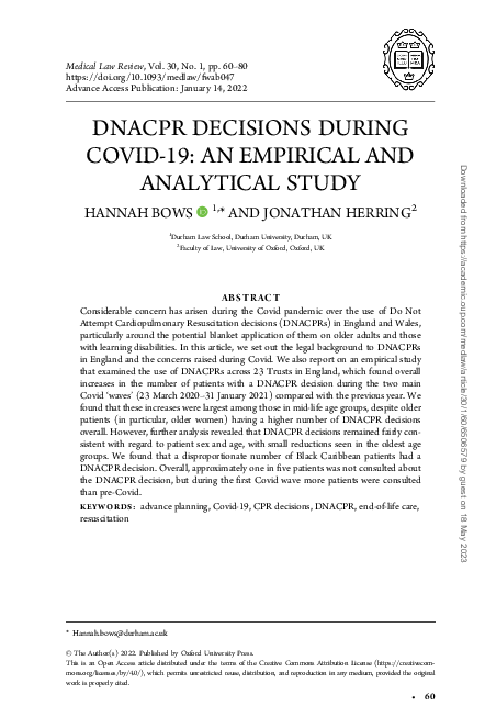(PDF) DNACPR decisions during Covid-19: An empirical and analytical study