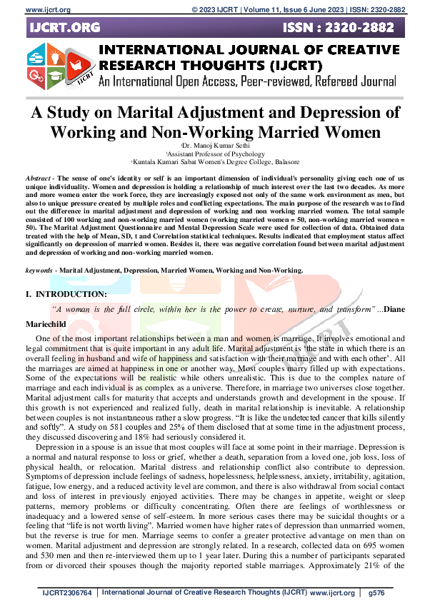 (PDF) A Study on Marital Adjustment and Depression of Working and Non ...