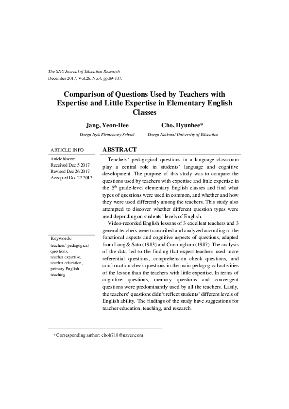 (PDF) Comparison of Questions Used by Teachers with Expertise and ...