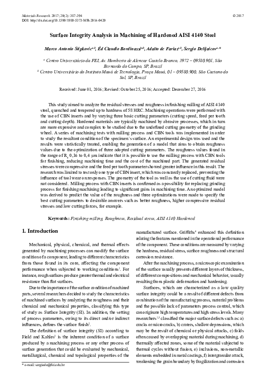 (PDF) Surface Integrity Analysis in Machining of Hardened AISI 4140 Steel