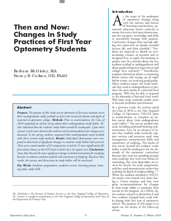 (PDF) Then and Now: Changes in Study Practices of First Year Optometry ...